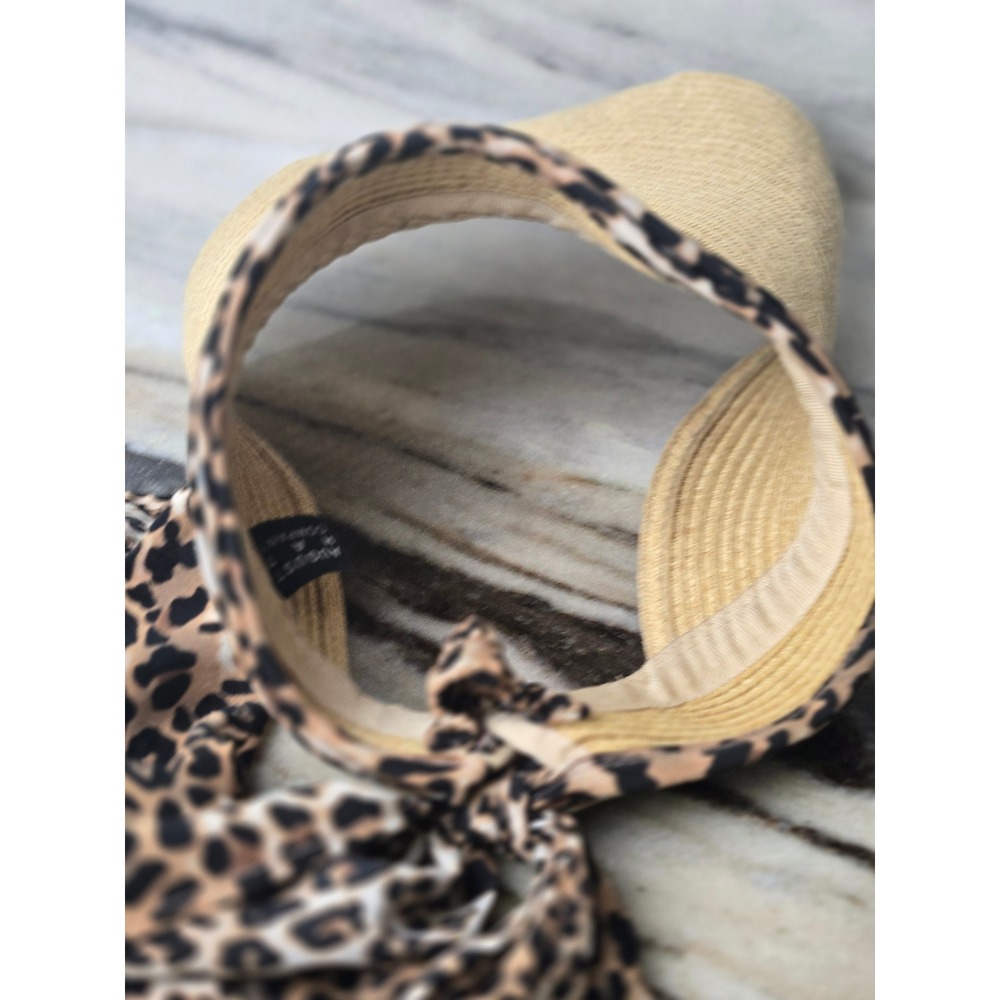 August Hat Company Leopard Print Scarf Tie Straw Visor Tan Brown RN 67508 - Picture 3 of 8